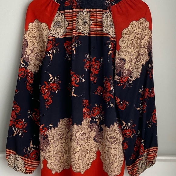 Meadow Rue Anthropologie Silk Floral Tunic Blouse Tassels Neckline Accent Sz M - Picture 3 of 5